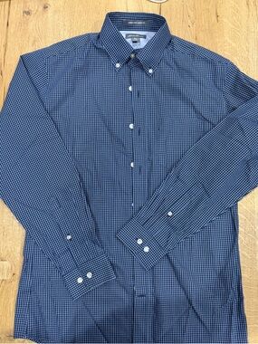 Eddie Bauer Blue and White Checked Button-Down Dress Shirt